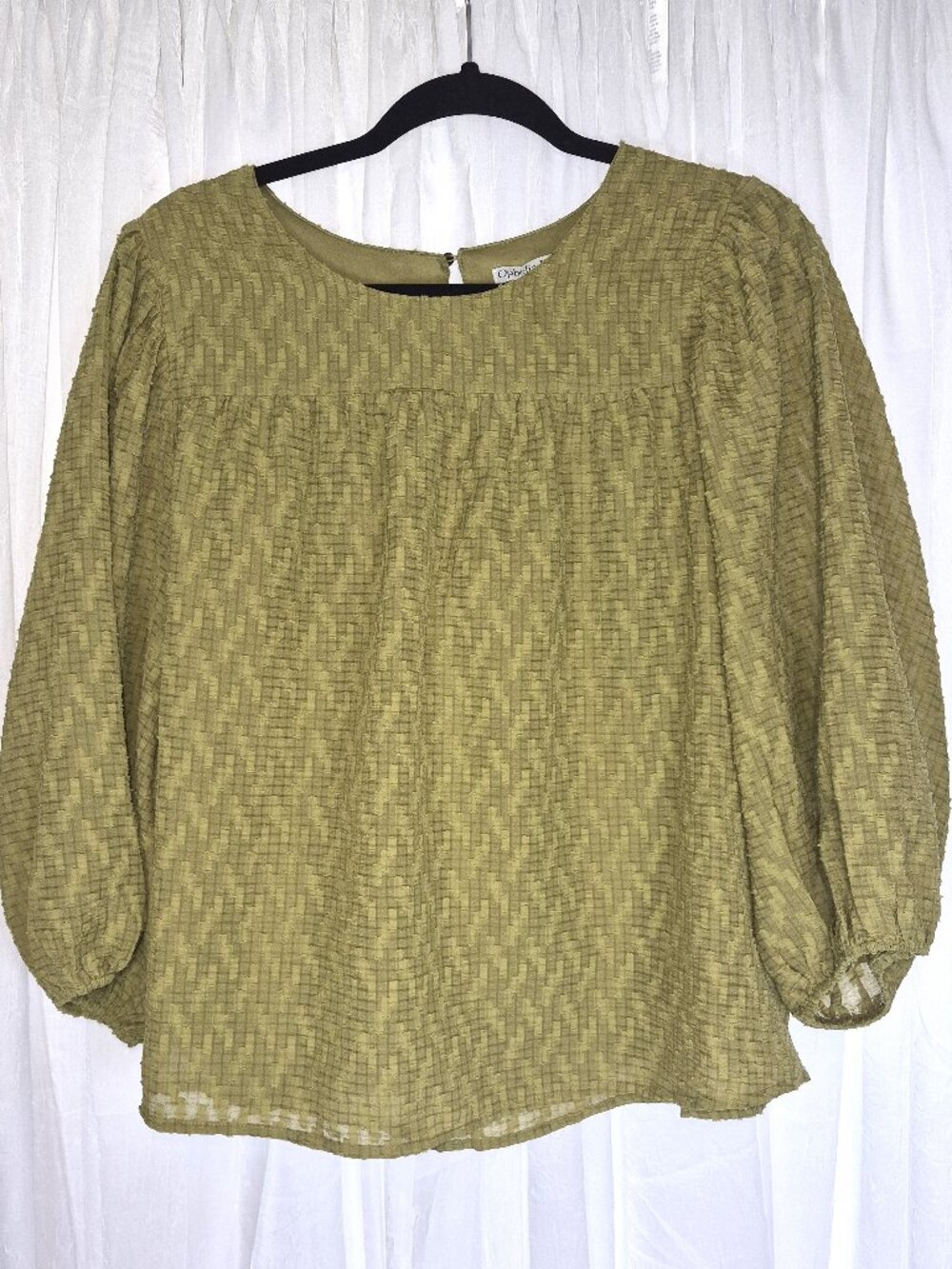 Ophelia Roe Wmn's Sz L Olive Green/Khaki Textured Blouse w/Balloon Sleeve